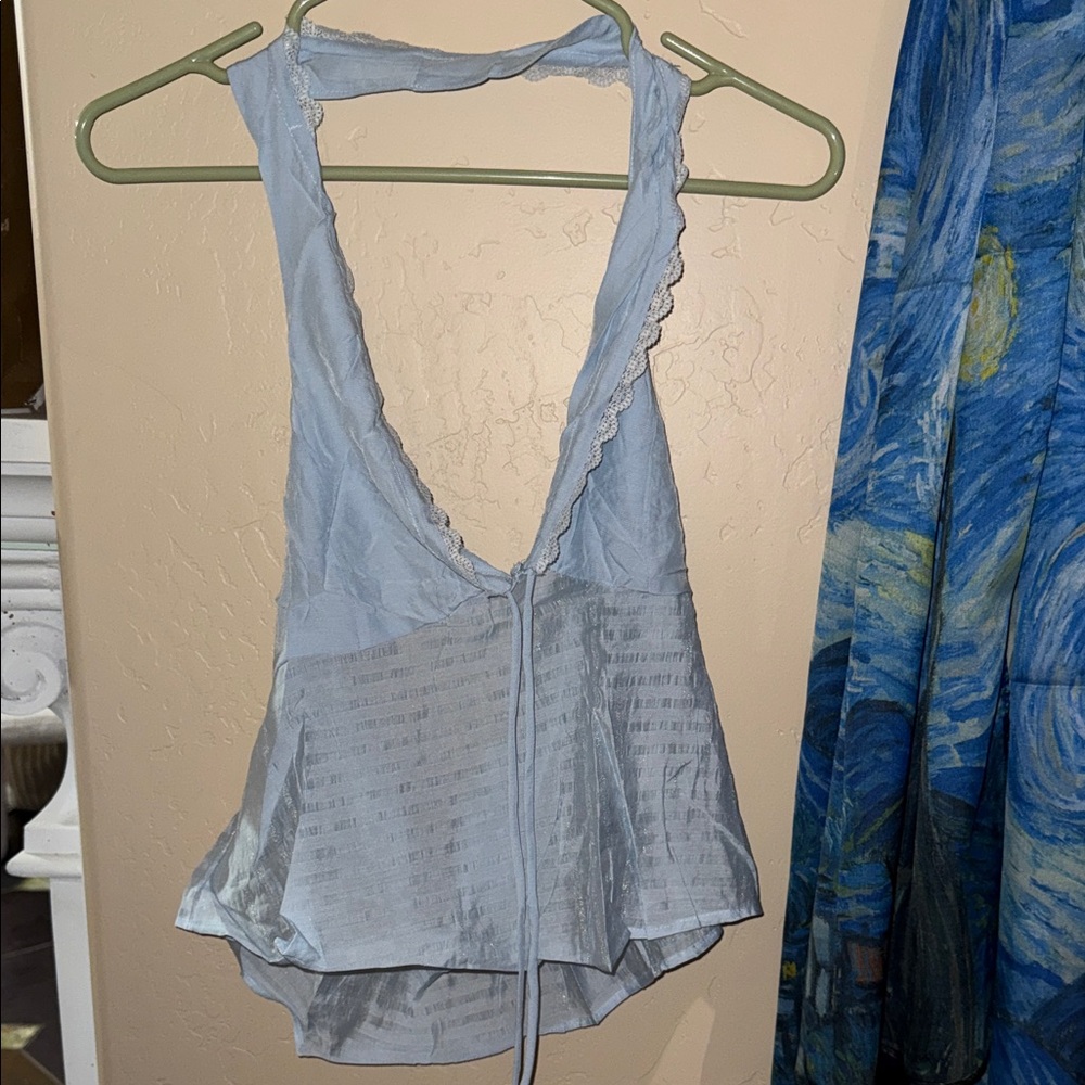 Light Blue Halter Top with Lace Trim